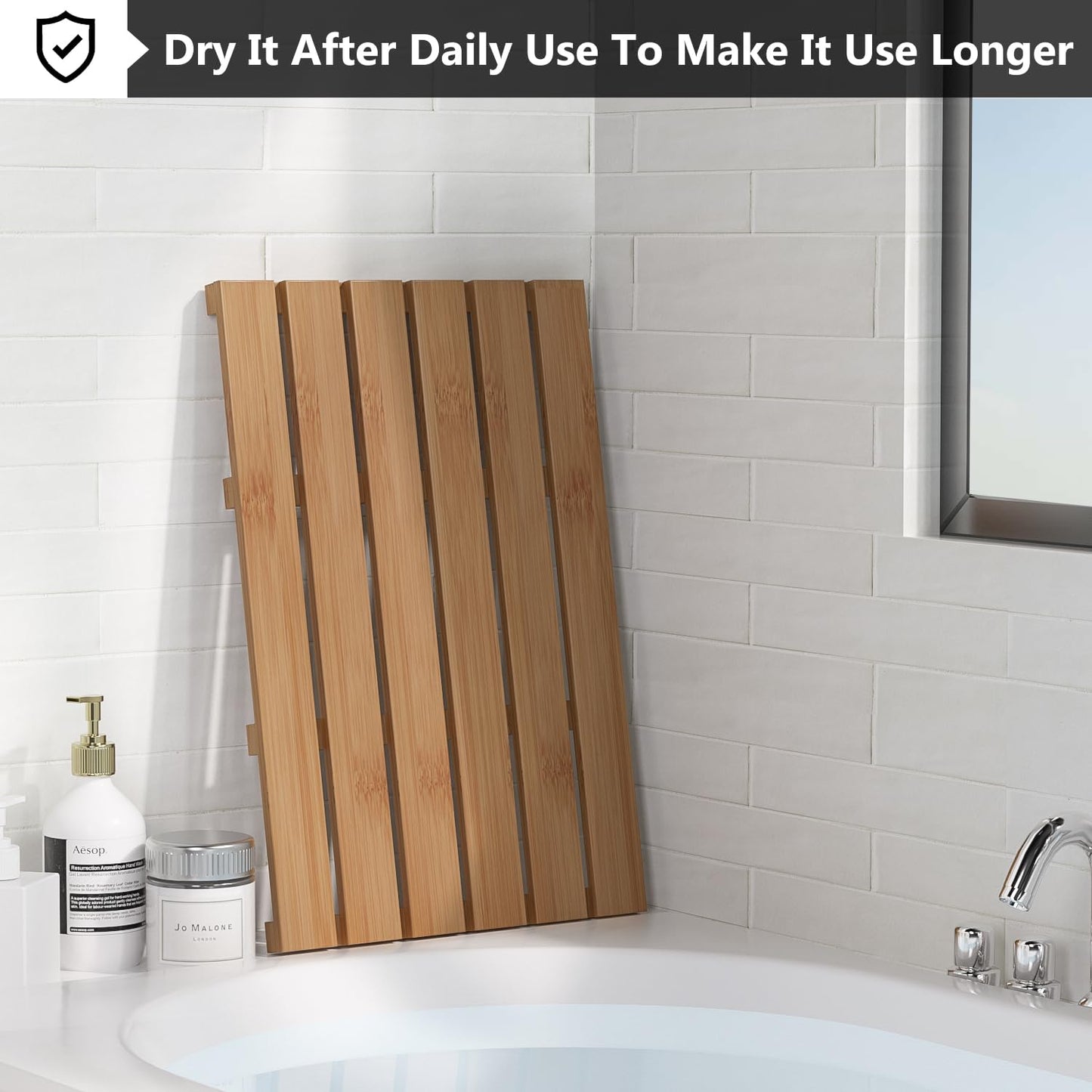 Domax Wooden Bamboo Bath Shower Mat- Non-Slip Waterproof Large Bathroom Floor Mat for Indoor Outdoor (Walnut, 21.26 x 14.17 x 1.3 Inches)