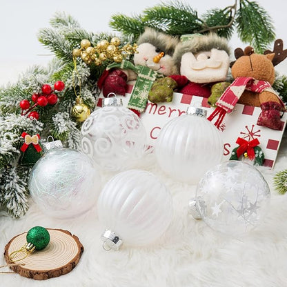 XmasExp 4ct Christmas Ball Ornaments Set -Large Clear Plastic Shatterproof Xmas Tree Ball Hanging Baubles Stuffed Delicate Glittering for Holiday Wedding Xmas Party Decoration (100mm/3.94",White)