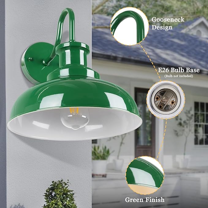 Outdoor Gooseneck Barn Lights - Rustic Farmhouse Exterior Mount Lights, Vintage Indoor/Outdoor Wall Lighting Fixtures, Industrial Green White Porch & Garage Lanterns - RZ007-2 GR+WH