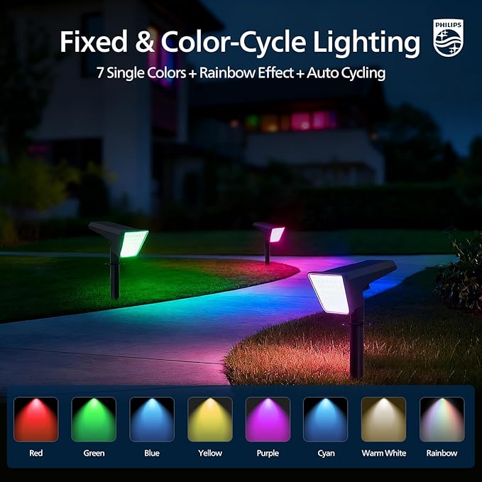 Philips 2 Packs Solar RGBW Spot Lights Outdoor, 18 LED Solar Powered Landscape Lights, 9 Lighting Modes Color-Changing Dusk to Dawn Waterproof Pathway Spotlights for Garden Trees Halloween Christmas