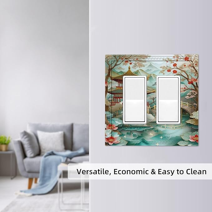 Asian Palace Traditional Bridge Cherry Blossoms Dual Outlet Covers Wall Plate 2 Gang Rocker Decorative Switchplate Electrical Faceplate GFCI Light Switch Covers for Farmhouse Living Decor