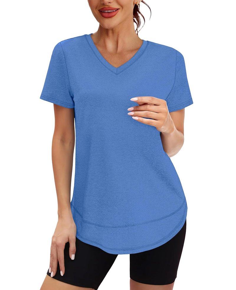 Oversized Tshirts for Women Dry Fit Plus Size Spring Clothes Summer Athletic Tops Workout Shirts V Neck Blue 3XL