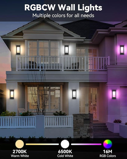 SHIMR Smart Outdoor Wall Lights 2 Pack, WiFi RGB Color Changing Sconce 2700K–6500K Tunable White, Dusk to Dawn Outdoor Light Fixture with E26 Base for House Porch Garage, Work with Alexa & Google