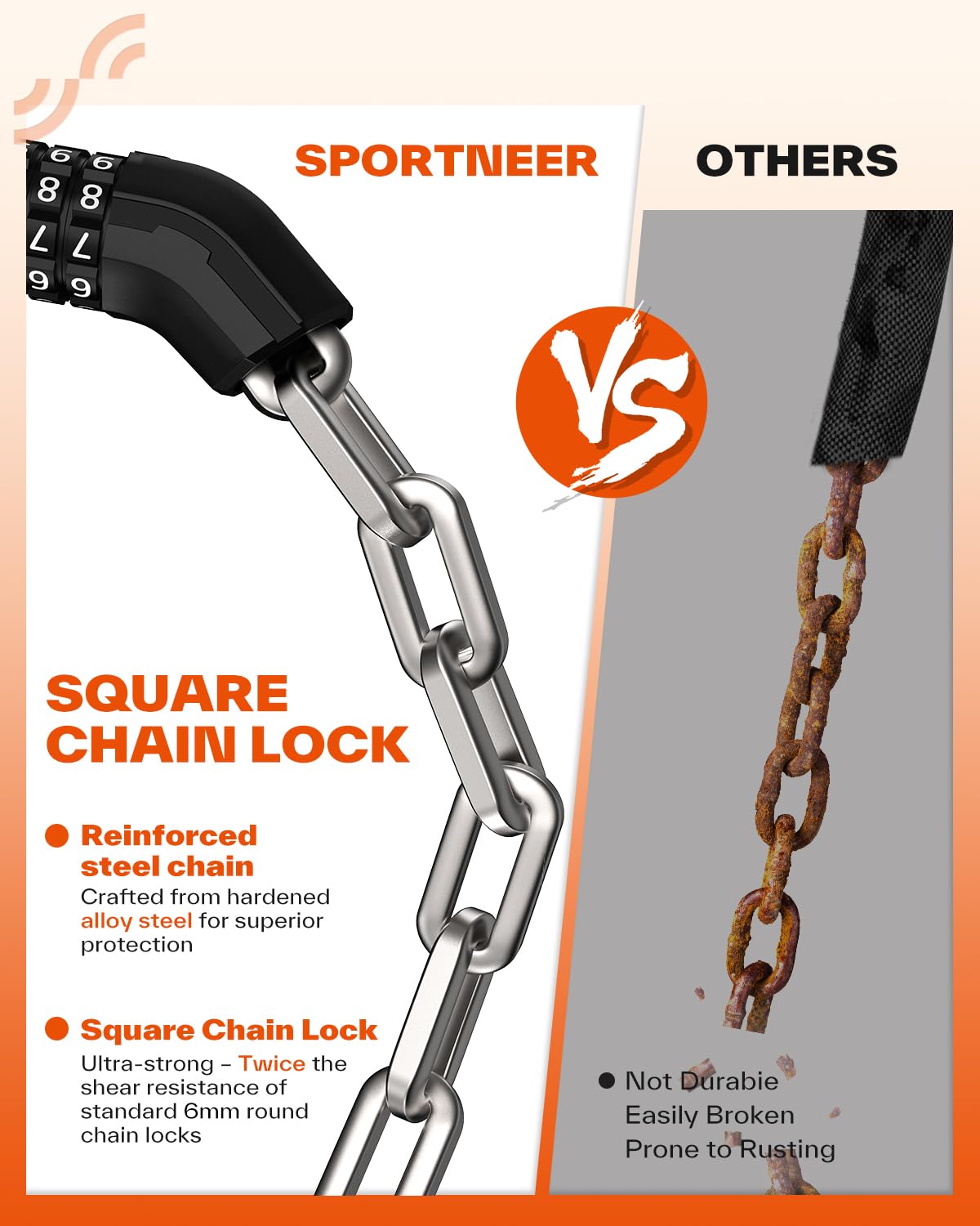 Sportneer Bike Chain Lock: 5-Digit Resettable Combination Heavy Duty Anti-Theft Square Link 3.2ft Bicycle Lock for Bike, Motorcycle, Scooter, Door & Gate - 6mm Thick, Easy to Use