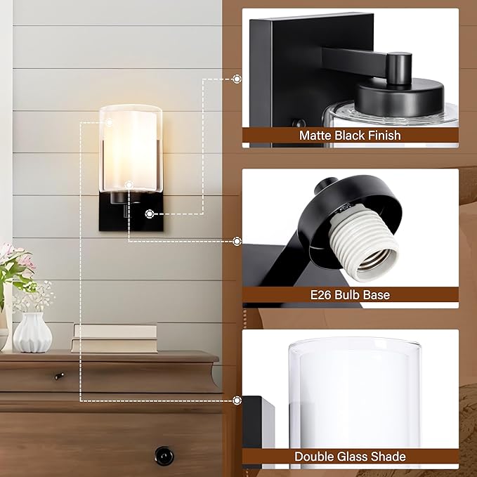 Pia Ricco Wall Sconces Set of Two, Hardwired Bathroom Wall Sconce with Double Glass Shade, Modern Bedside Wall Lamps, Farmhouse Vanity Light Black Wall Lights for Living Room, Bedroom, Hallway