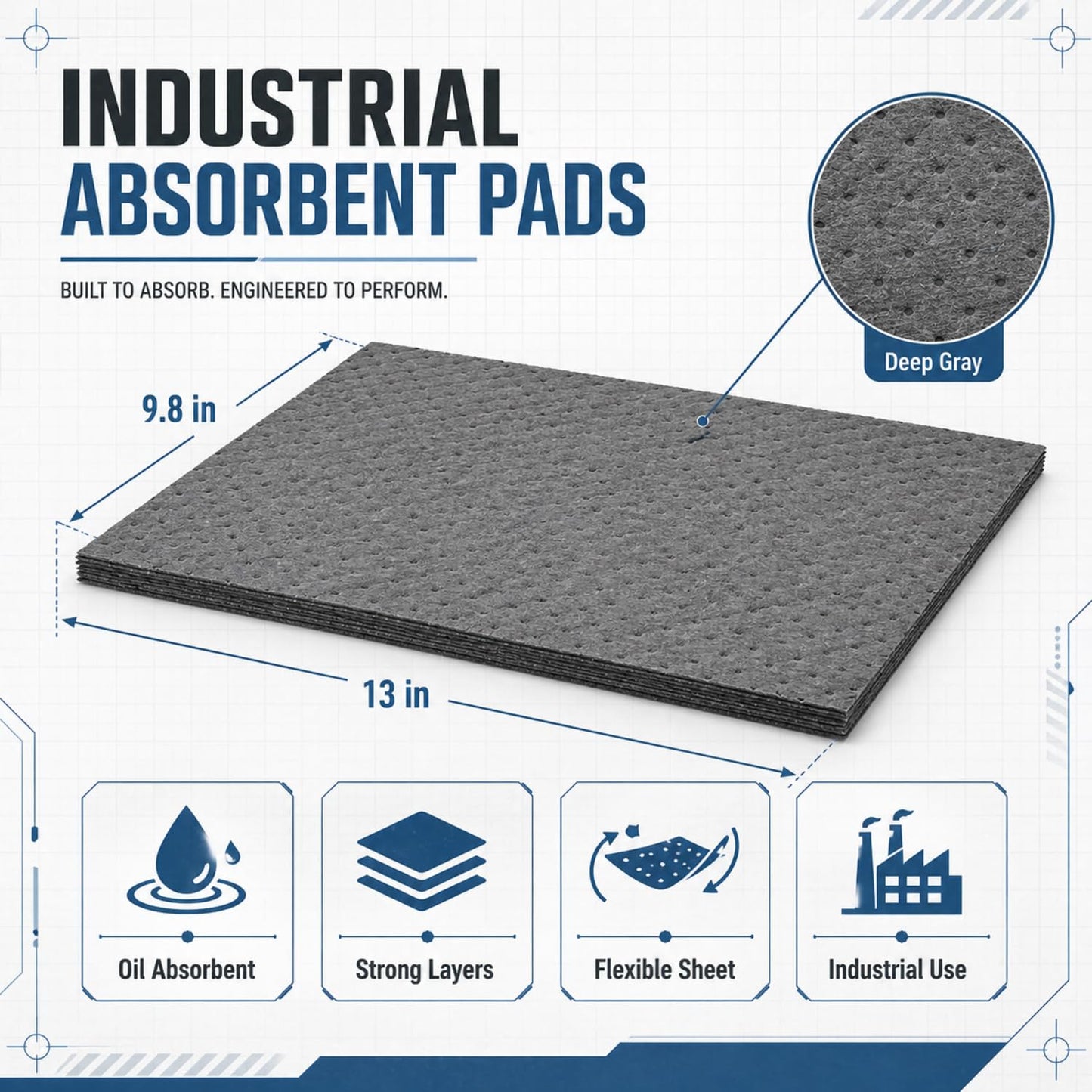Hoolerry 100 Pcs Oil Absorbent Pads Bulk Heavy Weight Dimpled Garage Absorbing Pad Water Absorbent Mat Trimmable Oil Spill Mat for Garage Floor Workshop Auto Fluid Cleanup (9.8 x 13 Inch,Gray)