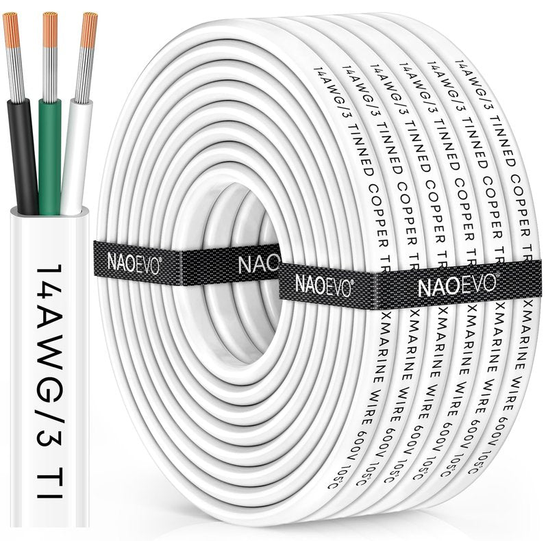 NAOEVO 14 Gauge Marine Wire, 14/3 Triplex Marine Electrical Cable, Waterproof/Insulated PVC/Oxygen-Free Tinned Copper 14 AWG Wire for Boat, Automotive, RV, Solar, LED, Trolling Motor (30FT)