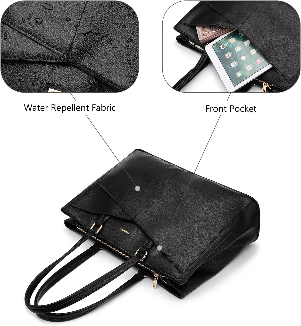 LOVEVOOK Laptop Tote Bag for Women 15.6 Inch Leather Work Bags with Large Cup Holder for Teacher Work Business,Black