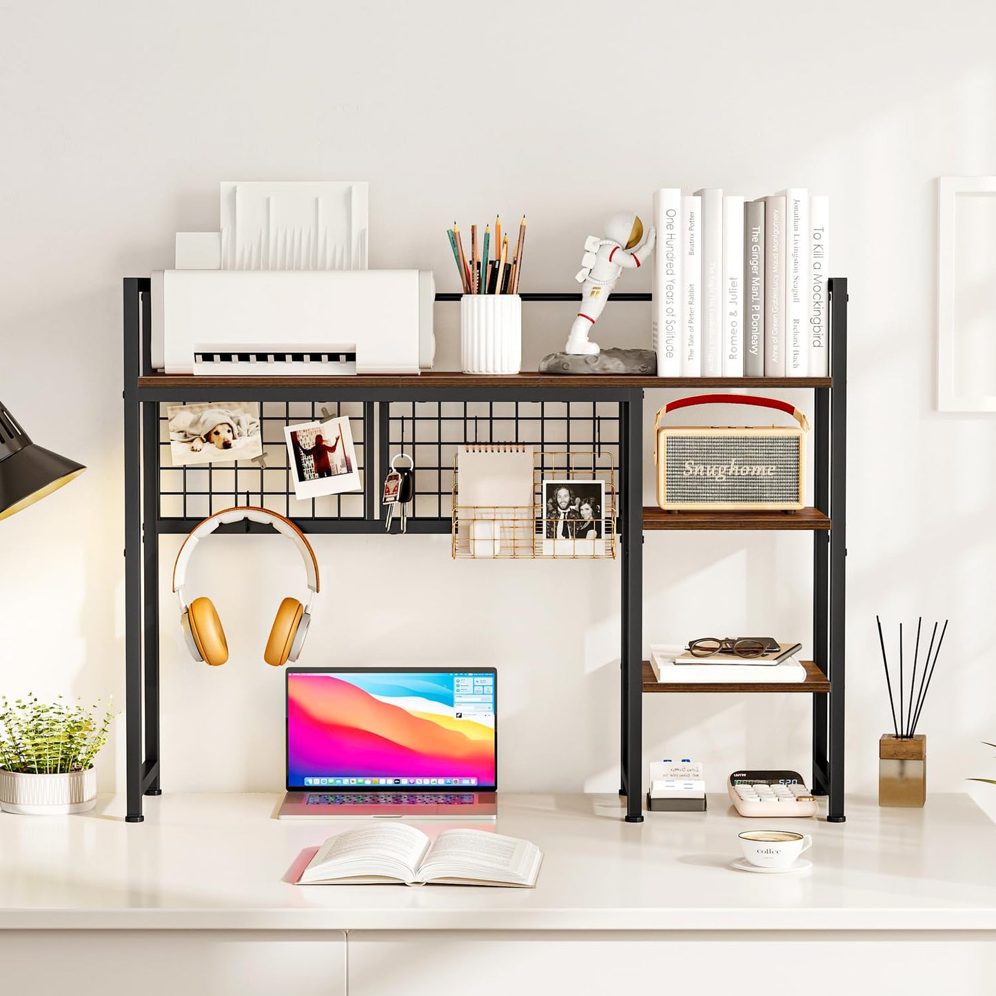 Snughome Desk Shelf, 38.6" Desktop Organizer Shelf, Desk Hutch for Computer Monitor, 4 Tier Desk Display Rack with Pegboard Hooks Set, Wood Desktop Bookshelf for Home Office Dorm