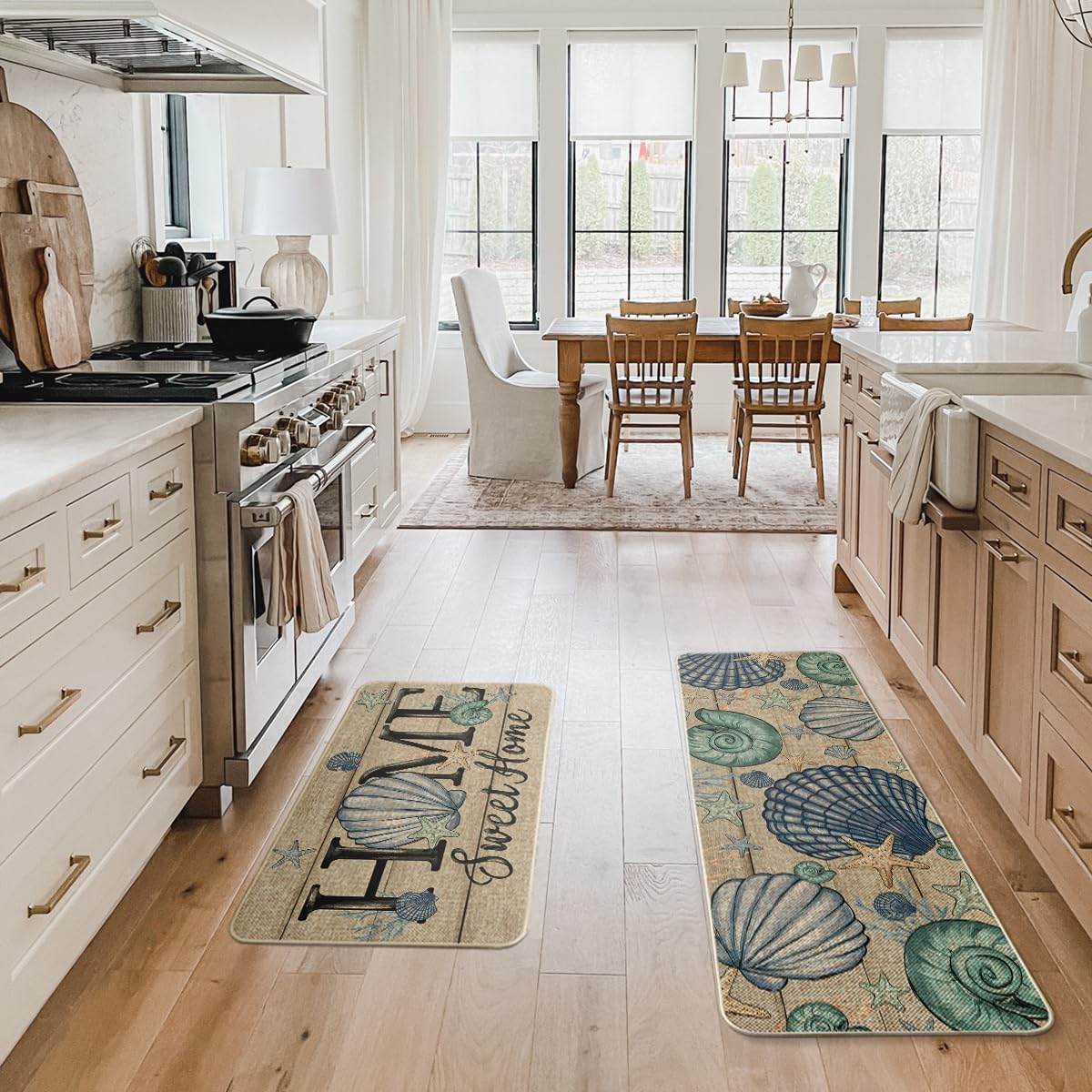 Artoid Mode Blue Conch Starfish Summer Kitchen Mats Set of 2, Seasonal Sweet Home Decor Low-Profile Kitchen Rugs for Floor - 17x29 and 17x47 Inch