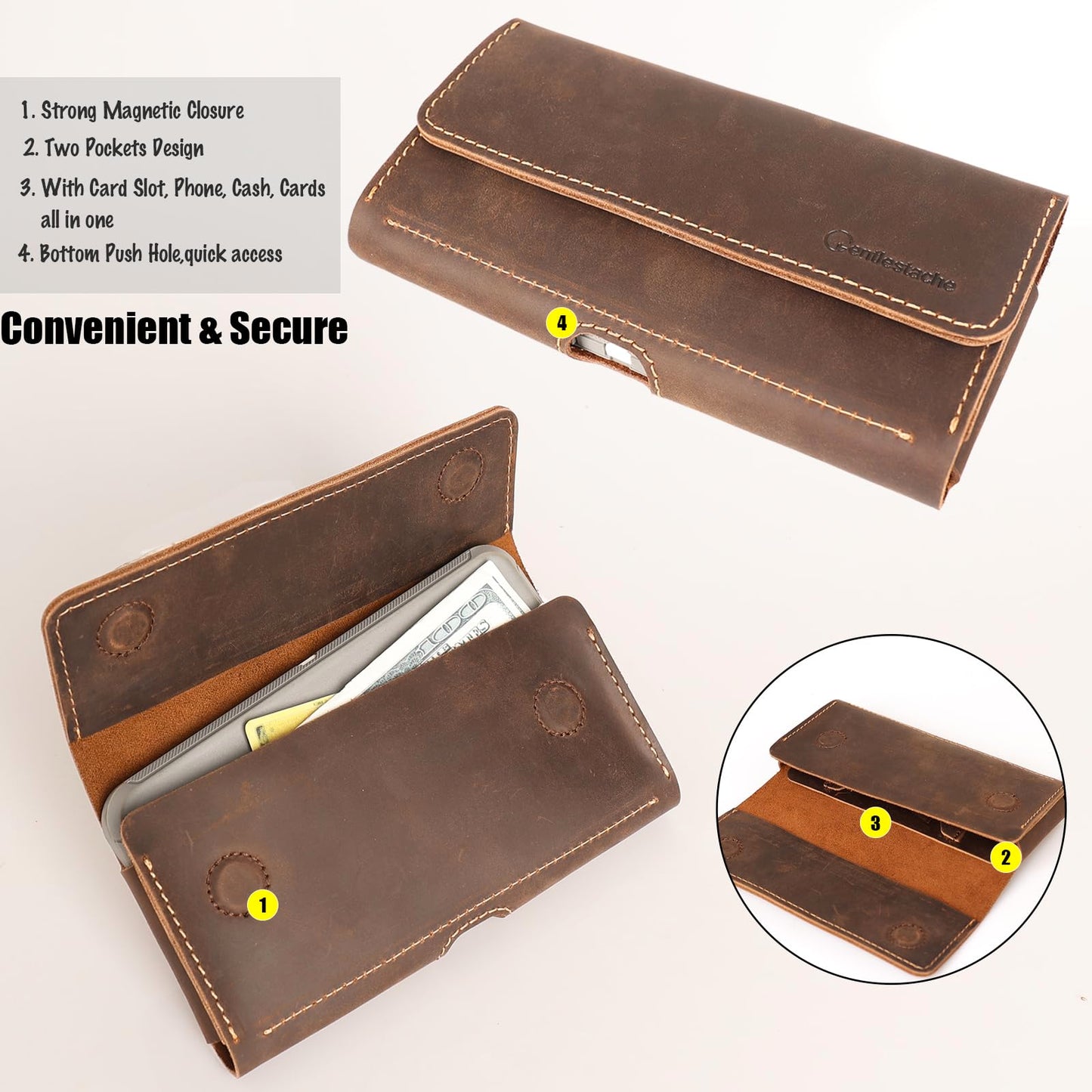Gentlestache Leather Phone Holster for iPhone 15 Pro Max & Galaxy S24 Ultra - Two Pocket Phone Pouch with Thick Case, Dark Brown
