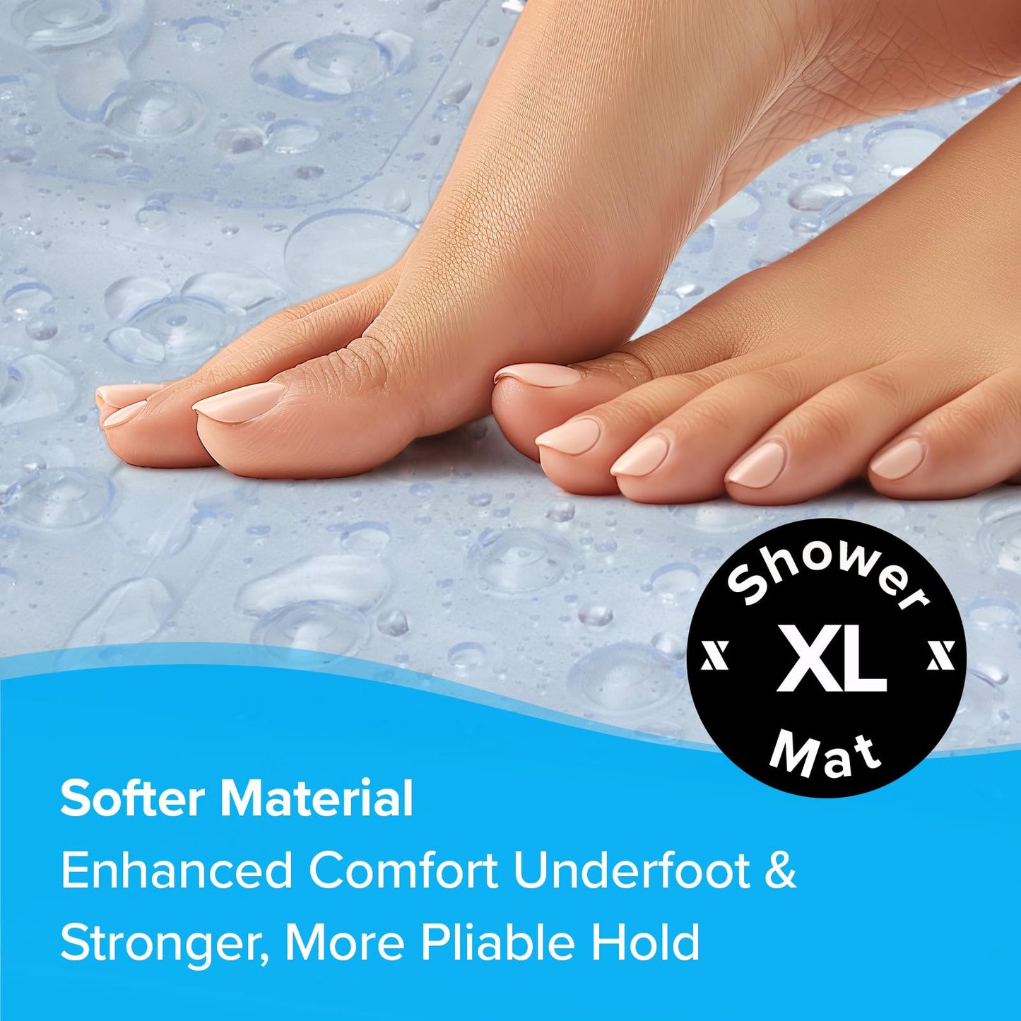 SlipX Solutions 27" Oversize Square Shower Mat, Non-Slip Mat for Elderly & Kids, 100+ Power Grip Suction Cups for Smooth Surfaces, Machine Washable, Clear