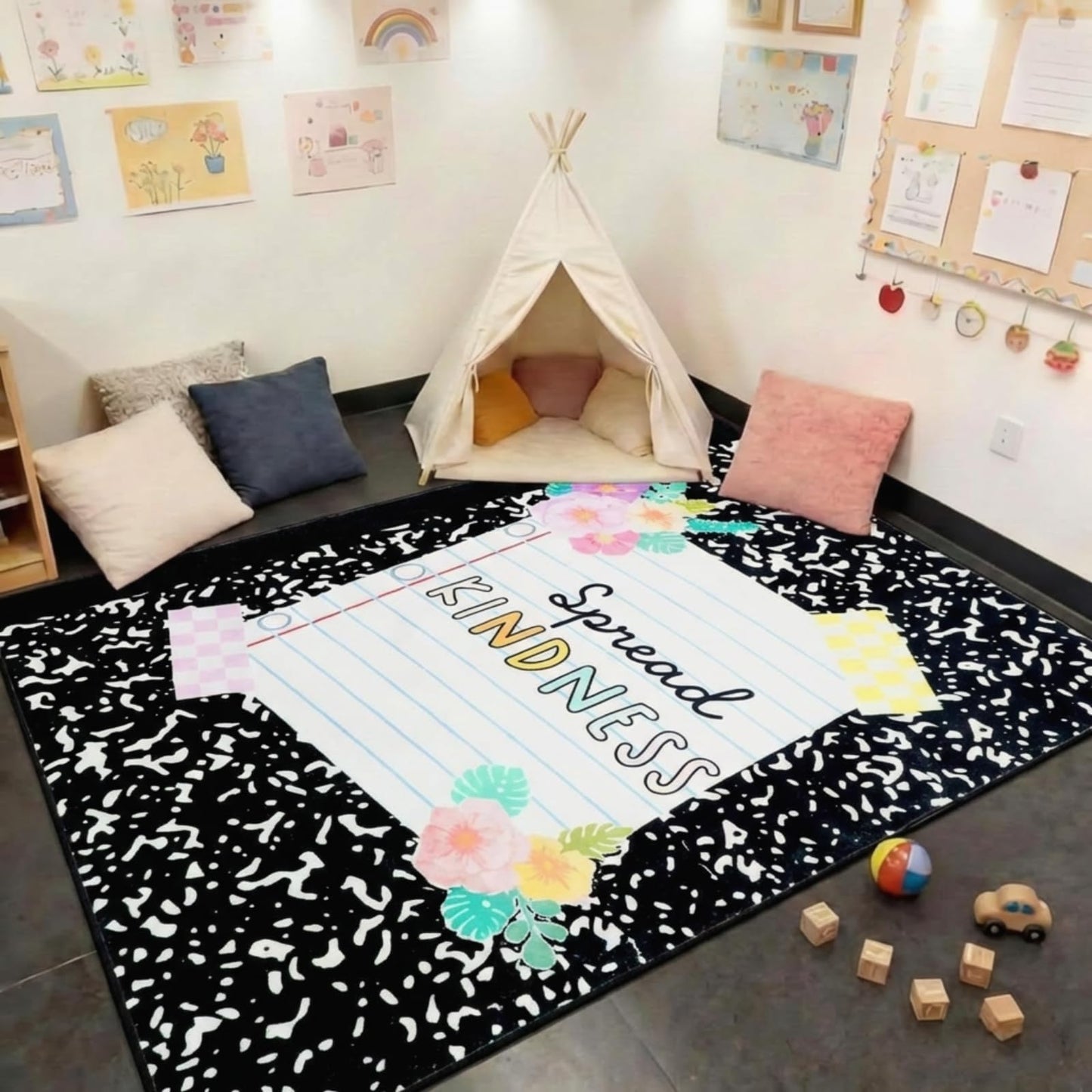 Breling 6 x 9 ft Composition Notebook Classroom Rug Spread Kindness Calming Corner Rug, Inspirational Quote Carpet Non-Slip Reading Corner Emotion Soft Fluffy for for Classroom, Preschool, Playroom