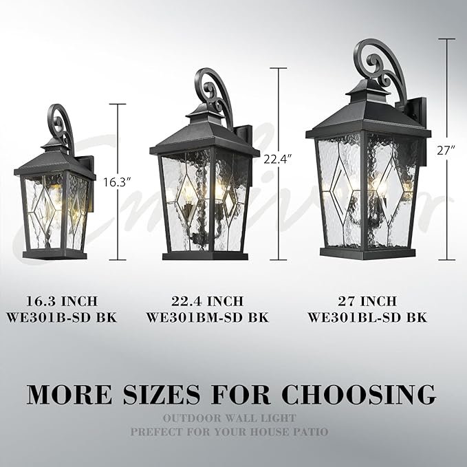 Emliviar Outdoor Light Fixture for Porch, 27-Inch Extra Large Exterior Porch Lantern Light, Waterproof Aluminum Outdoor Wall Sconce in Black Finish, WE301BL-SD BK