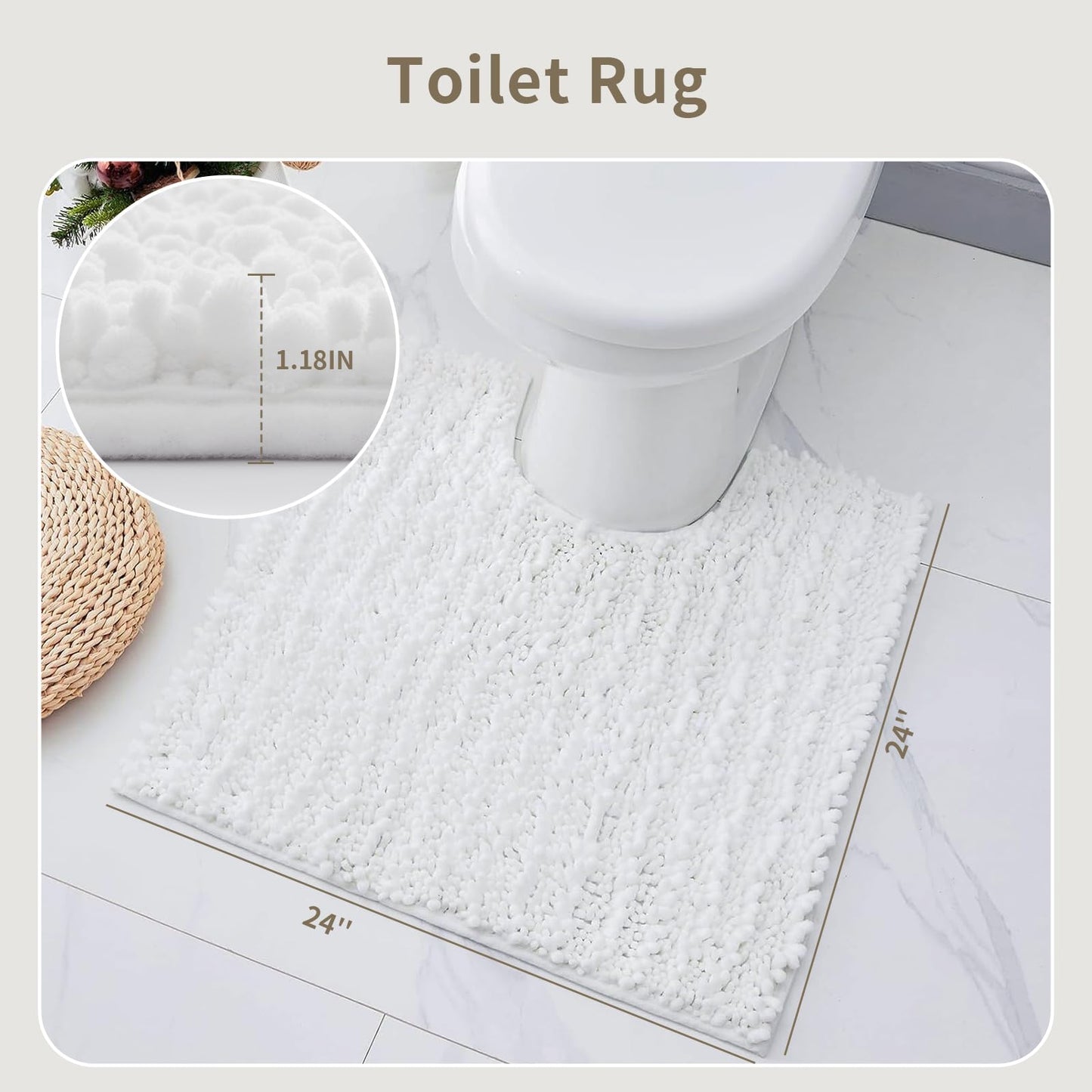 Ruggnovea White Toilet Rugs U Shaped Washable, 24x24 Contour Bath Rugs for Toilet, Luxury Ultra Soft Chenille U-Shaped Toilet Rug, Non Slip Absorbent Machine Washable Bathroom Mat for Toile