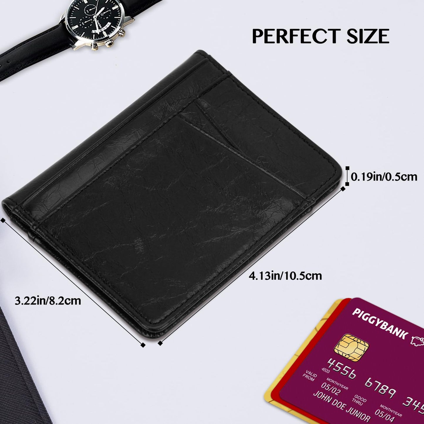 Unaone Slim Minimalist Wallet - Premium Leather Card Holder RFID Blocking Card Case with 8 Card Slots and 2 ID Window, Crackle Black