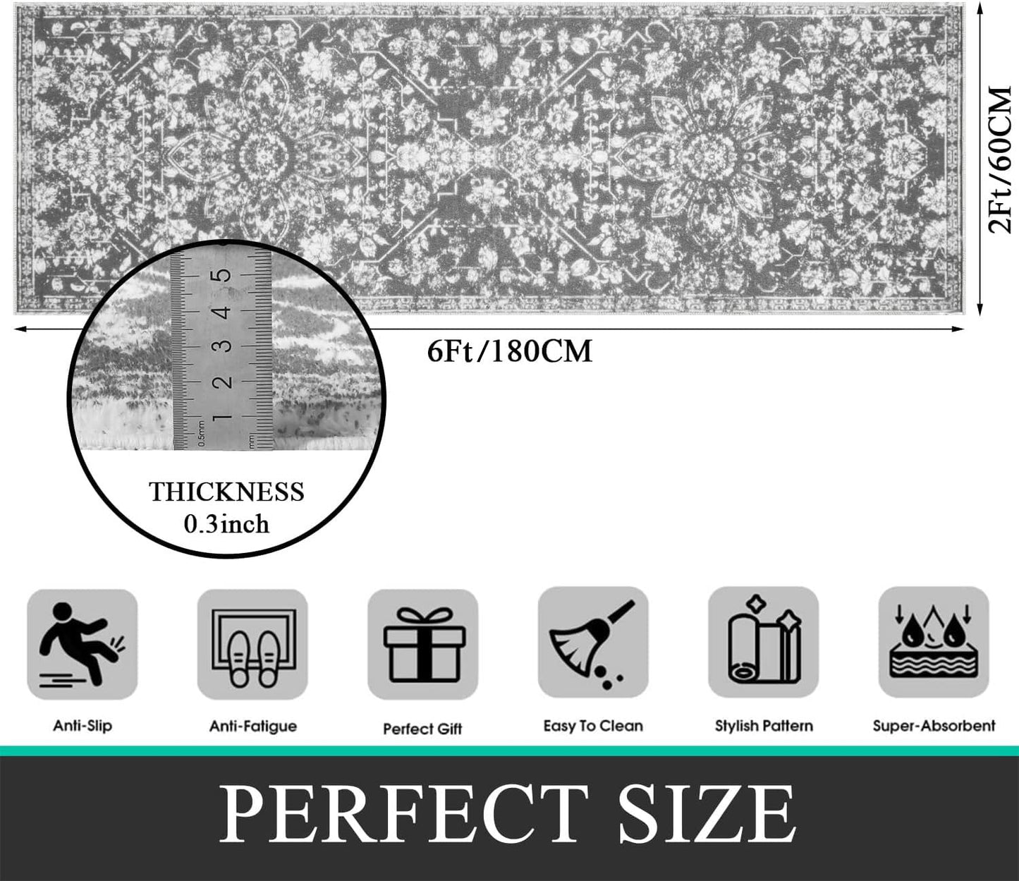 Pauwer Vintage Flower 2'X6' Runner Rug Distressed Runner Rug Non Slip Hallway Runner Washable for Kitchen Living Room Bedroom Entryways Hallways (Grey, 2'X6' Ft)