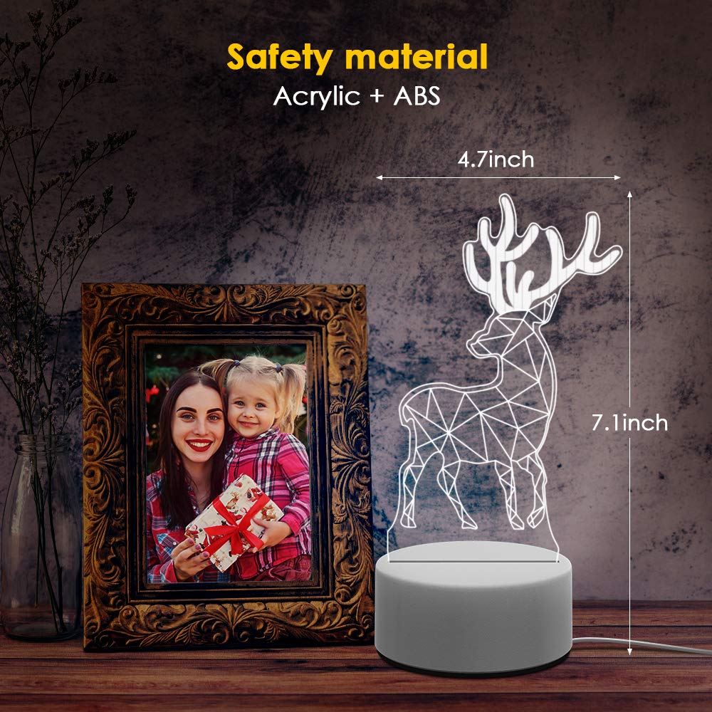 3D Illusion Toys Night Lightfor Kids, AKIVIDA 3D Christmas Deer Light Three Pattern Decor Lamp Best Gifts for Boys Girls on Birthday Graduation Festival Halloween Christmas