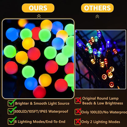 LED Christmas Lights Outdoor,300LED 105Ft 8 Modes Plug-in Connectable Waterproof Globe String Lights for Outdoor & Indoor Decorations (Multi-Colored)