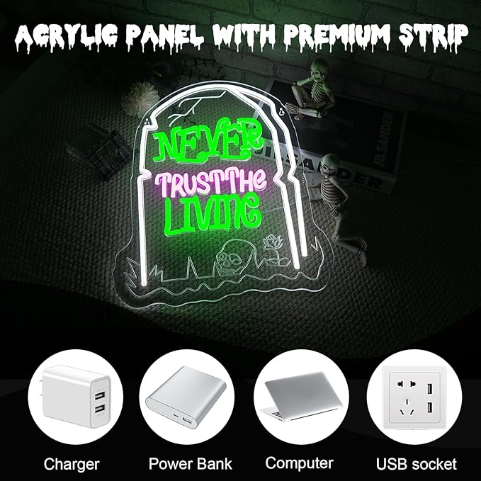 Never Trust The Living Neon Sign Halloween LED Sign for Window Dimmable USB Powered Tombstone Light for Wall Decor Light Up Halloween Signs for Room Bar Secrets Spooky House Decor