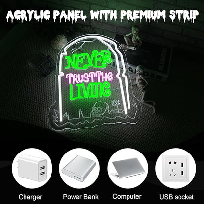Never Trust The Living Neon Sign Halloween LED Sign for Window Dimmable USB Powered Tombstone Light for Wall Decor Light Up Halloween Signs for Room Bar Secrets Spooky House Decor