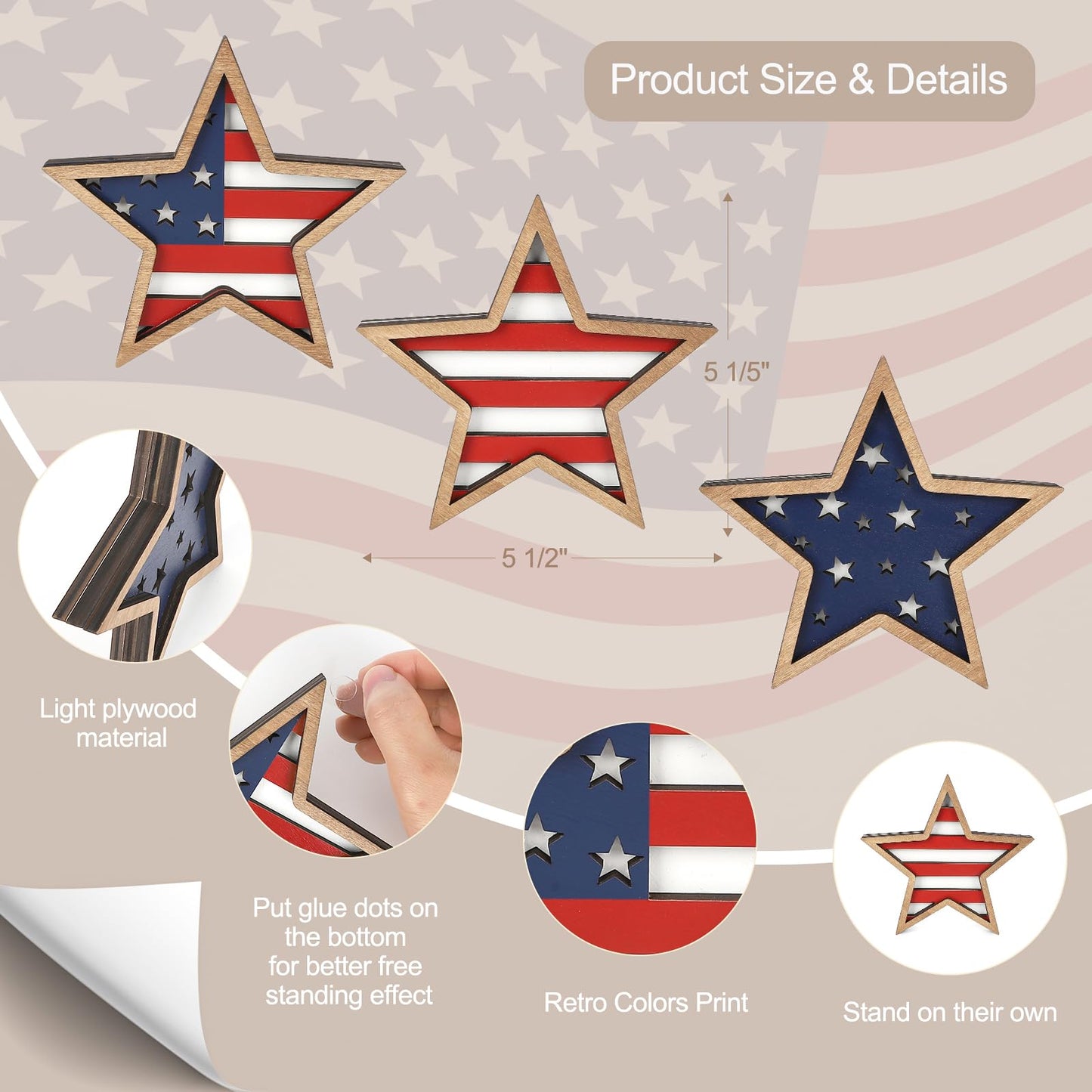 COCHIE 4th of July Decorations Wooden Stars, Patriotic Memorial Day Star Tiered Tray Decor Set of 3, Fourth of July Red White Blue Decoration for Home Office Table Shelf (Flag Hollow)