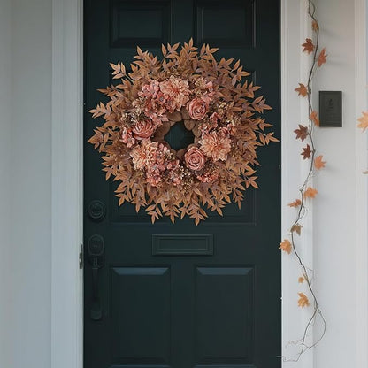 26" Fall Wreath for Front Door - Large Artificial Dahlia Flowers Fake Rose Faux Maple Leaves Outdoor Wreath for Porch, Window,Farmhouse,Home,Thanksgiving Day Harvest Festival Autumn Decor