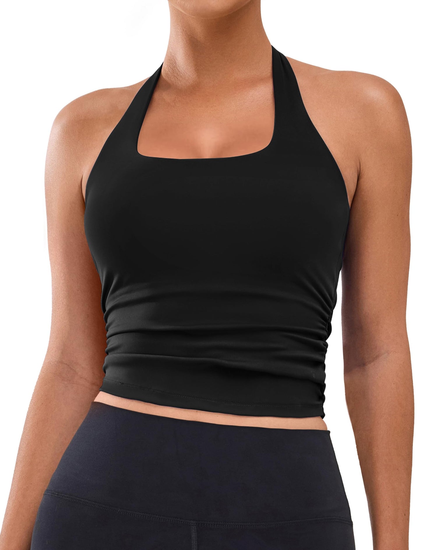 BMJL Built in Bra Tank Tops for Women Halter Workout Sports Tops Buttery Backless Strappy Gym Crop Tops（L, Black）