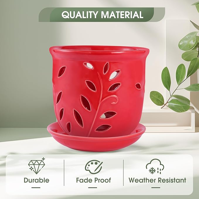 Orchid Pot with Holes & Saucer 6.1 in, Large Orchid Pot for Repotting Plant Flower, Planter with Drainage & Removable Tray for Indoor Outdoor Home Decor, Red