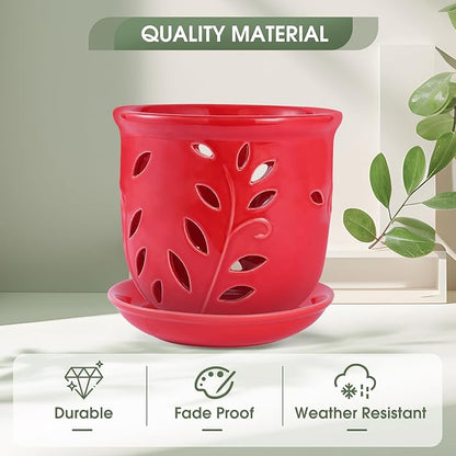 Orchid Pot with Holes & Saucer 6.1 in, Large Orchid Pot for Repotting Plant Flower, Planter with Drainage & Removable Tray for Indoor Outdoor Home Decor, Red