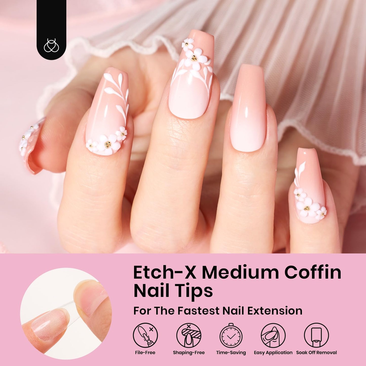 Beetles Gel Nail Kit Short Almond with Nail Dehydrator and Primer, 576Pcs Half Matte Etch-X Gel Nail Tips Solid Nail Glue Mini Nail Lamp Acrylic Nail Tips Easy DIY Nail Extension Set Gift for Women