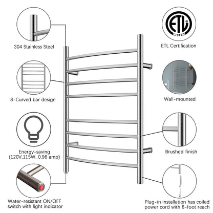 HEATGENE Towel Warmer 8 Bar Plug-in Curved Bath Towel Heater Towel Warmer for Bathroom Plug-in Drying Rack Brushed