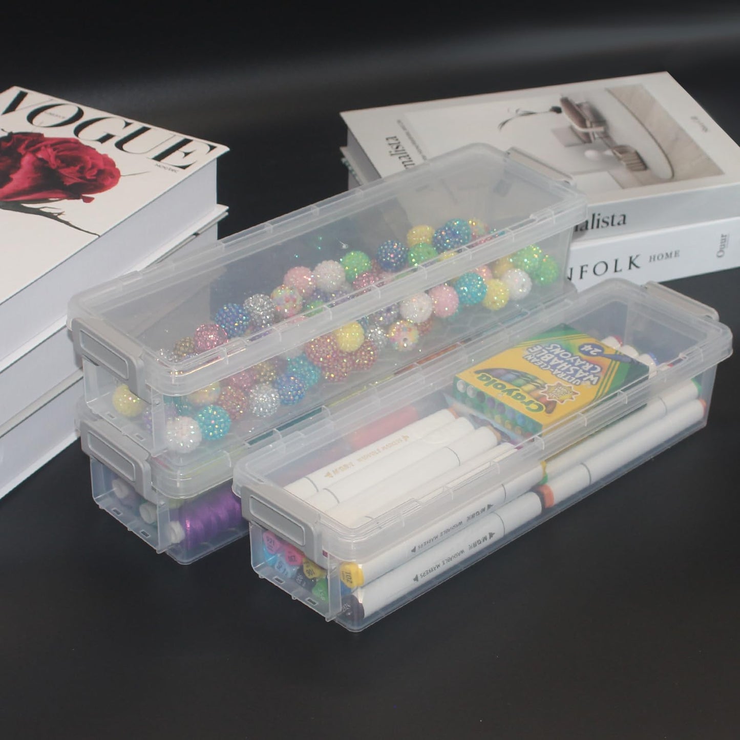 Chistepper 4 Packs Extra Long Pencil Box Large Capacity Pencil Case Clear Plastic Storage Container Long Paint Brush Storage Box Plastic Pencil Holder with Latching Lids (Transparent + Grey)