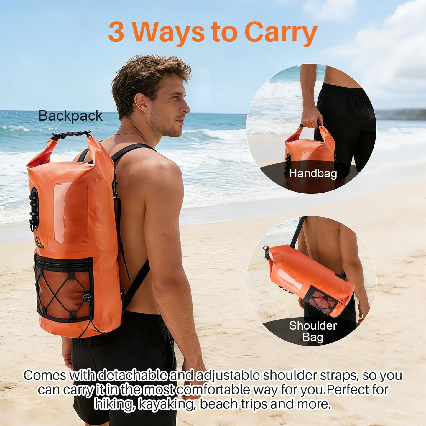 MISS ENLEN Waterproof Dry Bag 500D PVC Roll Top Dry Sack with 3 Carrying Ways, Lightweight Waterproof Bag for Kayaking, Swimming, Boating, Paddle Boarding, Hiking, Beachg (Orange, 27L)