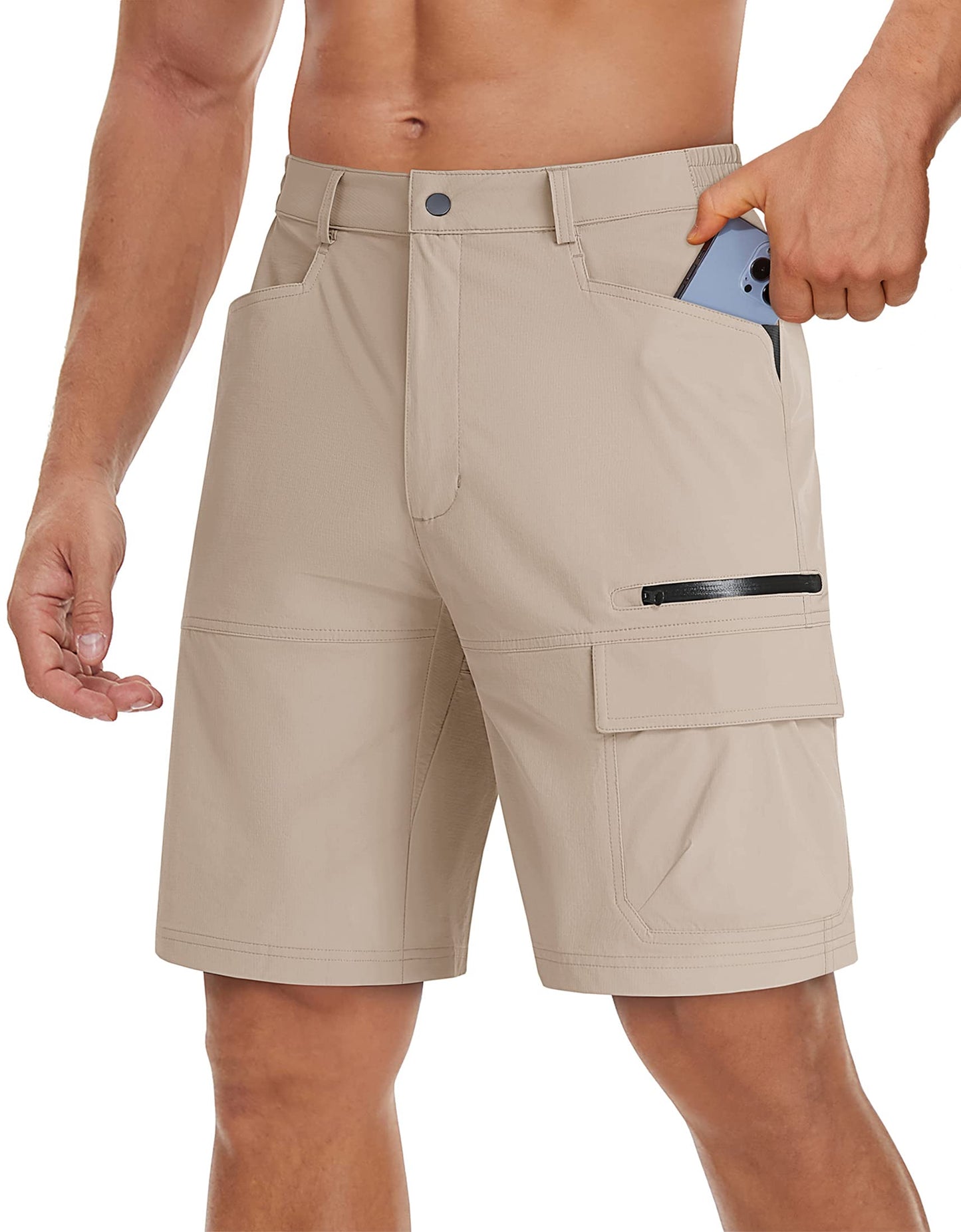 TACVASEN Mens Casual Shorts 10" Hiking Travel Shorts Lightweight Quick Dry Summer Golf Dress Fishing Travel Zipper Pockets Light Khaki 30
