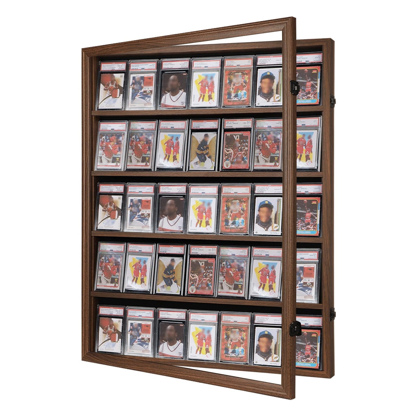 VERANI Baseball Display Case - 35 Graded Sports Card Frame - Holds Cards With UV Protection Clear View Lockable Wall Cabinet for Football Basketball Hockey Trading, Walnut
