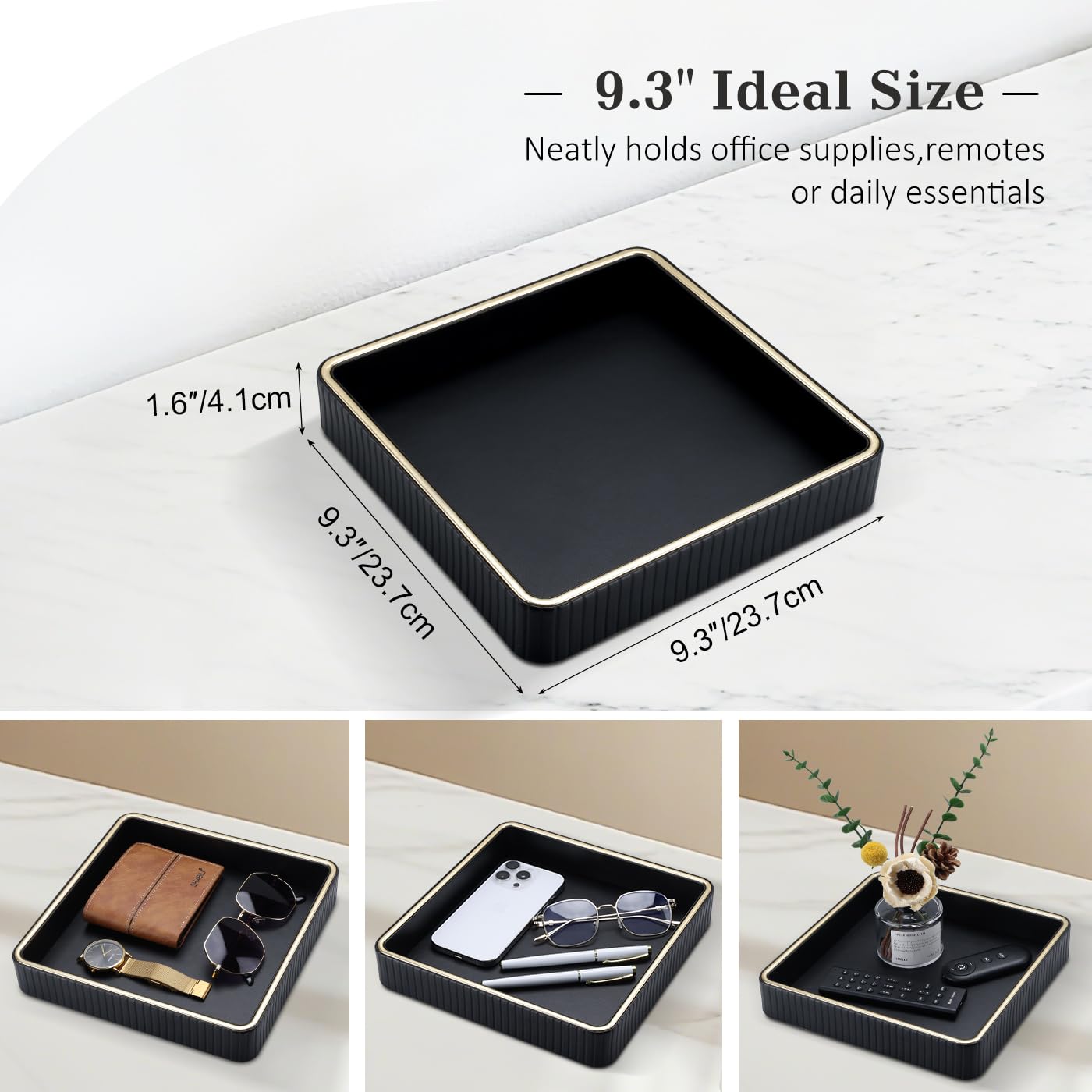 GORESE Leather Valet Tray Nightstand Organizer, Square EDC Trays for Colognes Wallet Sunglasses, Key Dish Catch All Bowl Desk Tray, Gift for Men & Women, Black(9.3'' × 9.3'')