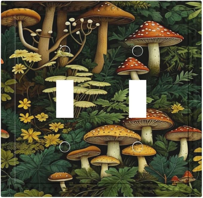 Mushrooms Forest Nature Botanical Art Light Switch Covers Double Toggle 2 Gang Wall Plate Dual Decorative Switchplate Electrical Faceplate for Farmhouse Living Room Decor