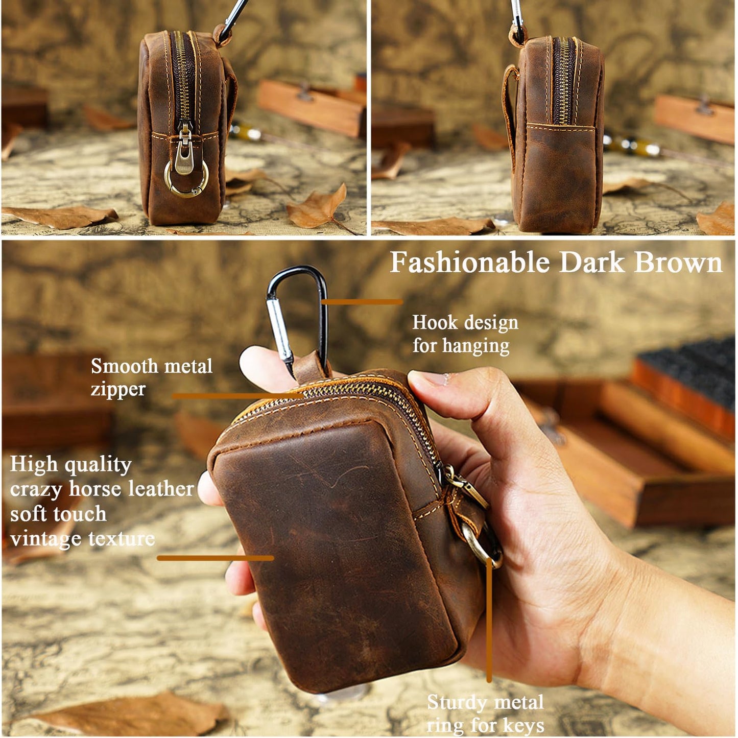 RRBMMH Crazy Horse Leather Coin Purse Retro Zipper Wallet Genuine Leather Coin Pouch for Men Small Leather Change Purse with Key Ring for Travel