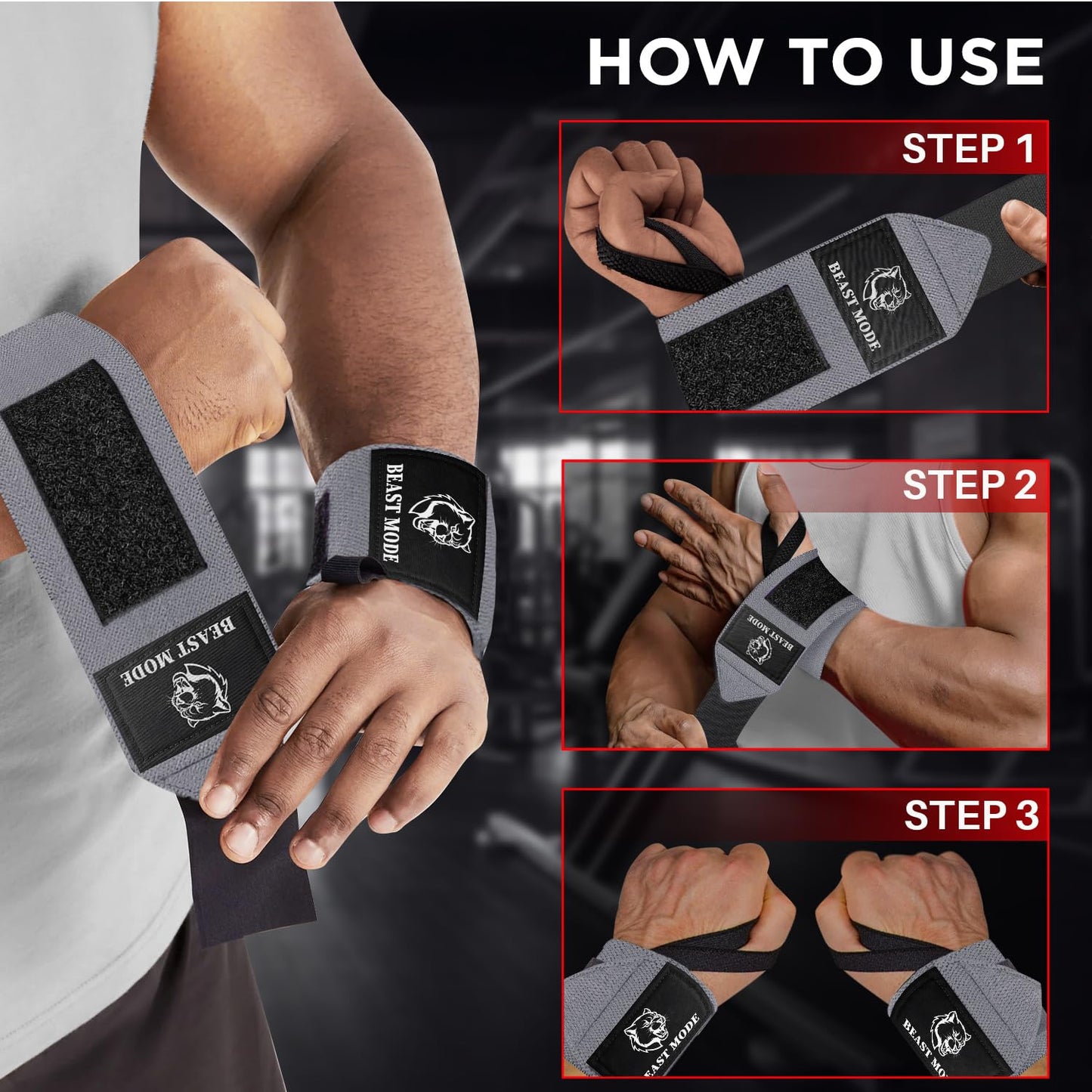 TECEUM Weightlifting Wrist Wraps with Thumb Loop – Gray – Beast Mode – 18 inch – Heavy-Duty Workout Wrist Support & Protection – Ideal for Powerlifting, Strength Training, Bodybuilding