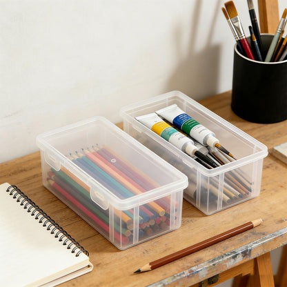 Clear Storage Box with Lids 2 Pack, Small Plastic Organizer Bins, Plastic Pencil Cases for Office Supplies, Cosmetics, Craft Items and Cables, Portable and Strong