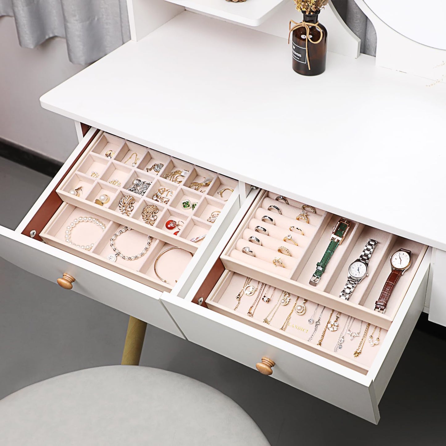 LANDICI Stackable Jewelry Organizer Trays 4 Set,PU Leather Jewelry Organizer Drawer,Jewelry Storage Display Tray for Earring Necklace Rings Bracelet with Removable Dividers,Apricot