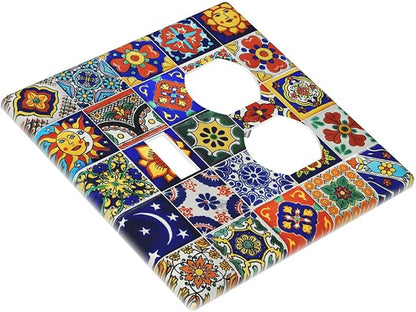 Decorative Light Switch Cover Plate Traditional Colorful Talavera Mexican Spanish Moroccan Tiles 2 Gang Outlet Covers 1 Toggle 1 Duplex Wall Plate Decorate Electrical Switch Plate Covers for Kitchen