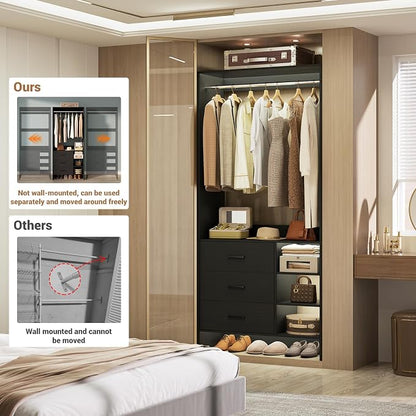 Aheaplus 2.5FT Closet System with 3 Drawers, 29.5’’ Closet Organizer, Wood Closet Organizer System, Walk-in Closet or Small Closets Wardrobe, Clothes Rack with Hanging Rods,-E6, Black