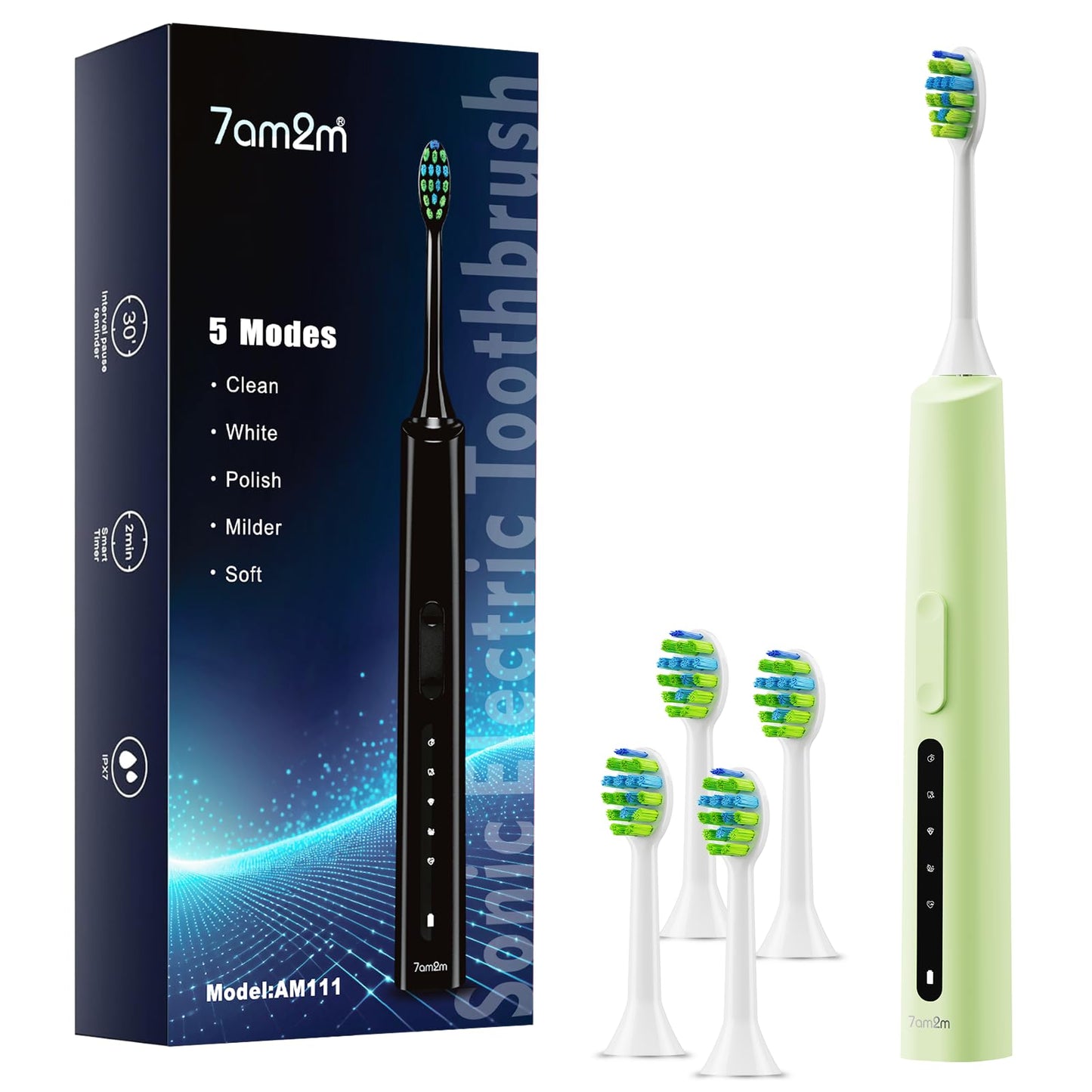 7AM2M Sonic Electric Toothbrush for Adults and Kids, 40000VPM Power Toothbrushes, USB-C Rechargeable with 4 Brush Heads, 5 Modes, 2 Minutes Built in Smart Timer, One Charge for 60 Days (Black)