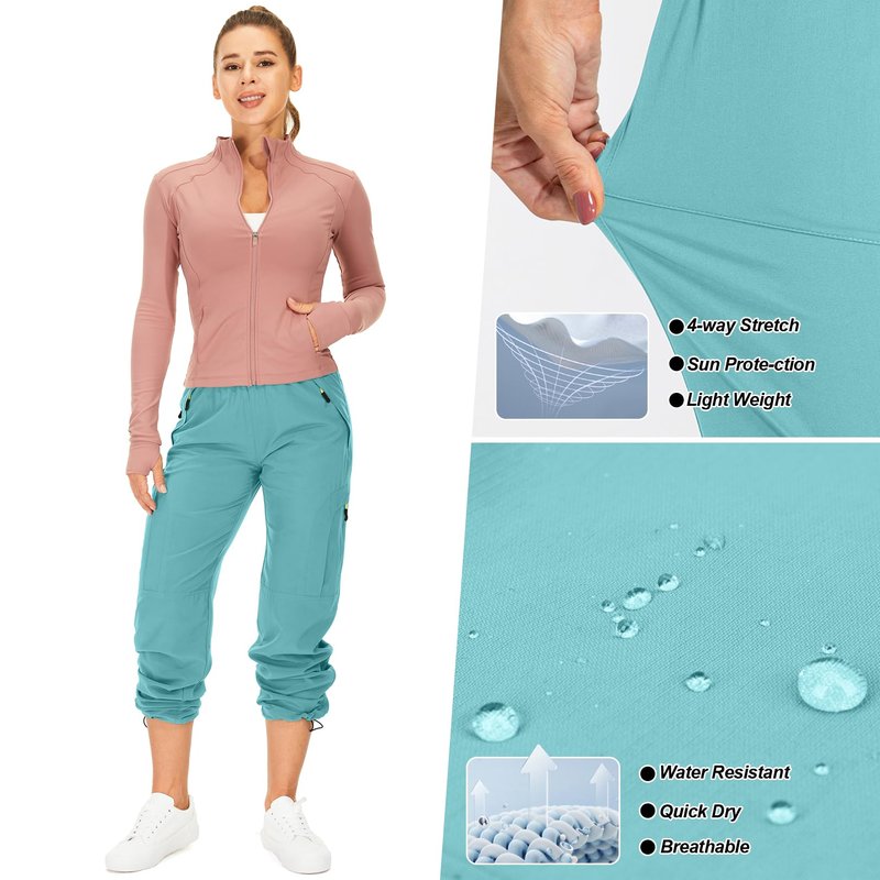 Toomett Women's Hiking Pants Quick Dry UPF 50 Travel Golf Pants Lightweight Camping Work Cargo Pants Zipper Pockets,6608,Lake Green,L