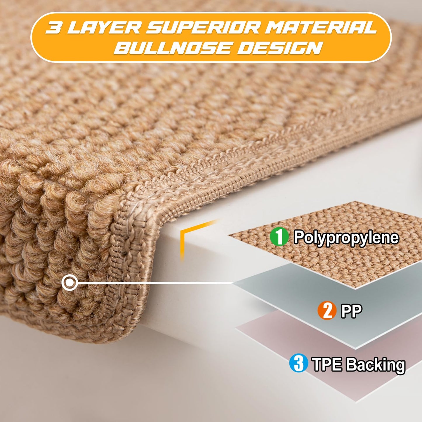 Hopeviva Bullnose Carpet Faux Sisal Stair Treads | Set of 14 | Stair Treads for Wooden Steps Indoor Anti Slip Braided Staircase Protector Pet Friendly Rugs Covers 9.44" X 29.5"x 1.9",Golden