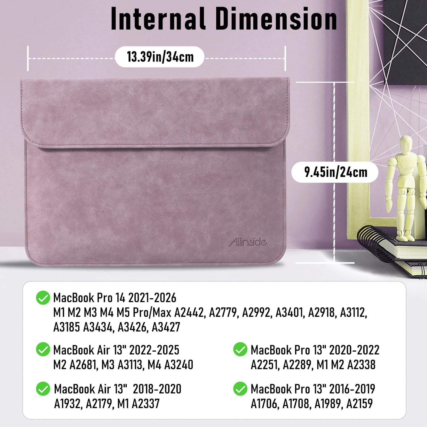 Allinside 13 Inch Laptop Sleeve Case for MacBook Neo A3404 A18 Pro/MacBook Air 13 2018-2026/MacBook Pro 13 2016-2022, Waterproof Matte PU Leather Horizontal Envelope Protective Case Cover, Purple