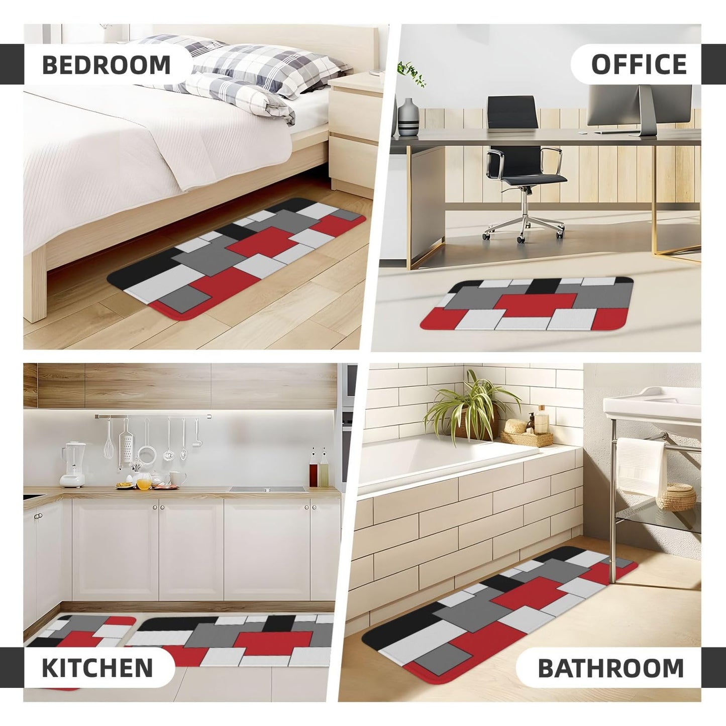Sovvin Red White Black Grey Geometric Kitchen Rugs Microfiber Floor Mats Geometry Cushioned Carpet Runner Rug for Laundry Bathroom Living Room, 2 Piece Set 17"X 47" + 17"X 30"