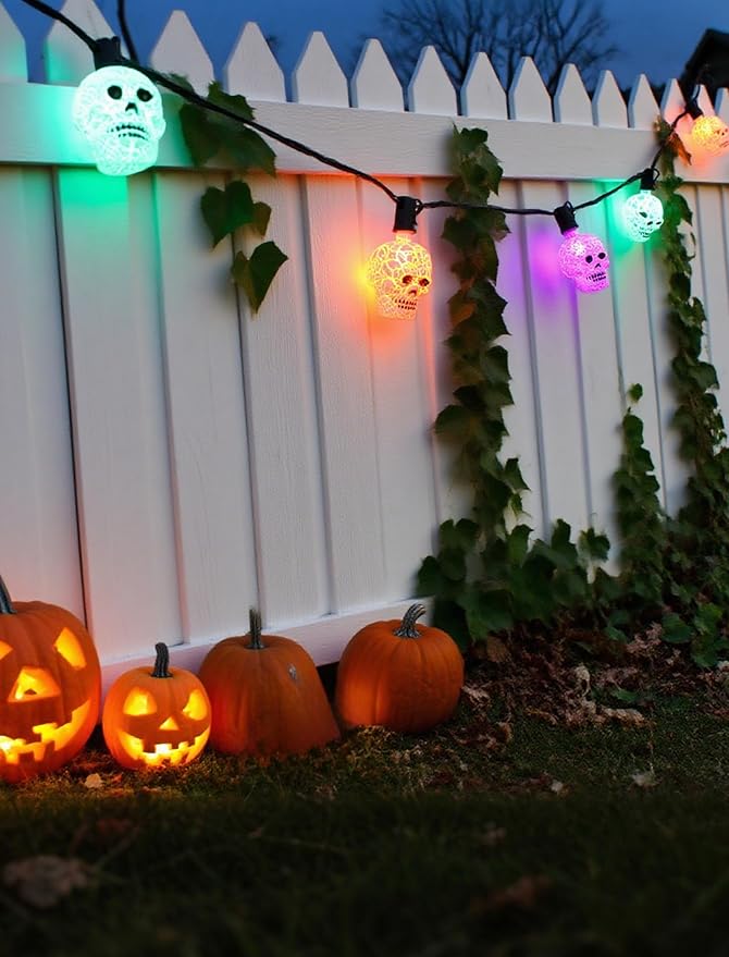 10.5ft Outdoor Skull String Lights, Plug in & Connectable Halloween Decorations with UL Certified Cord, Waterproof for Porch, Yard & Party Decor